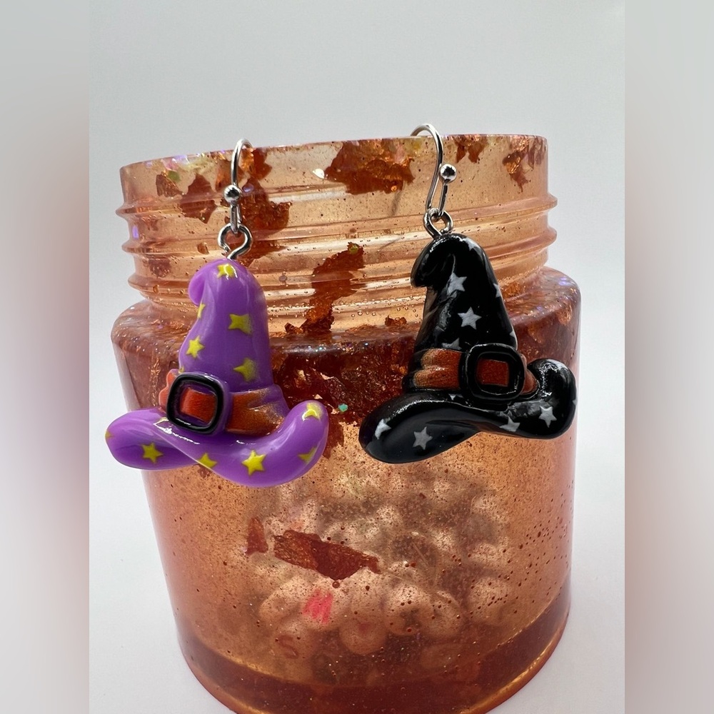 Whimsical Purple and Black Witch Hat Earrings